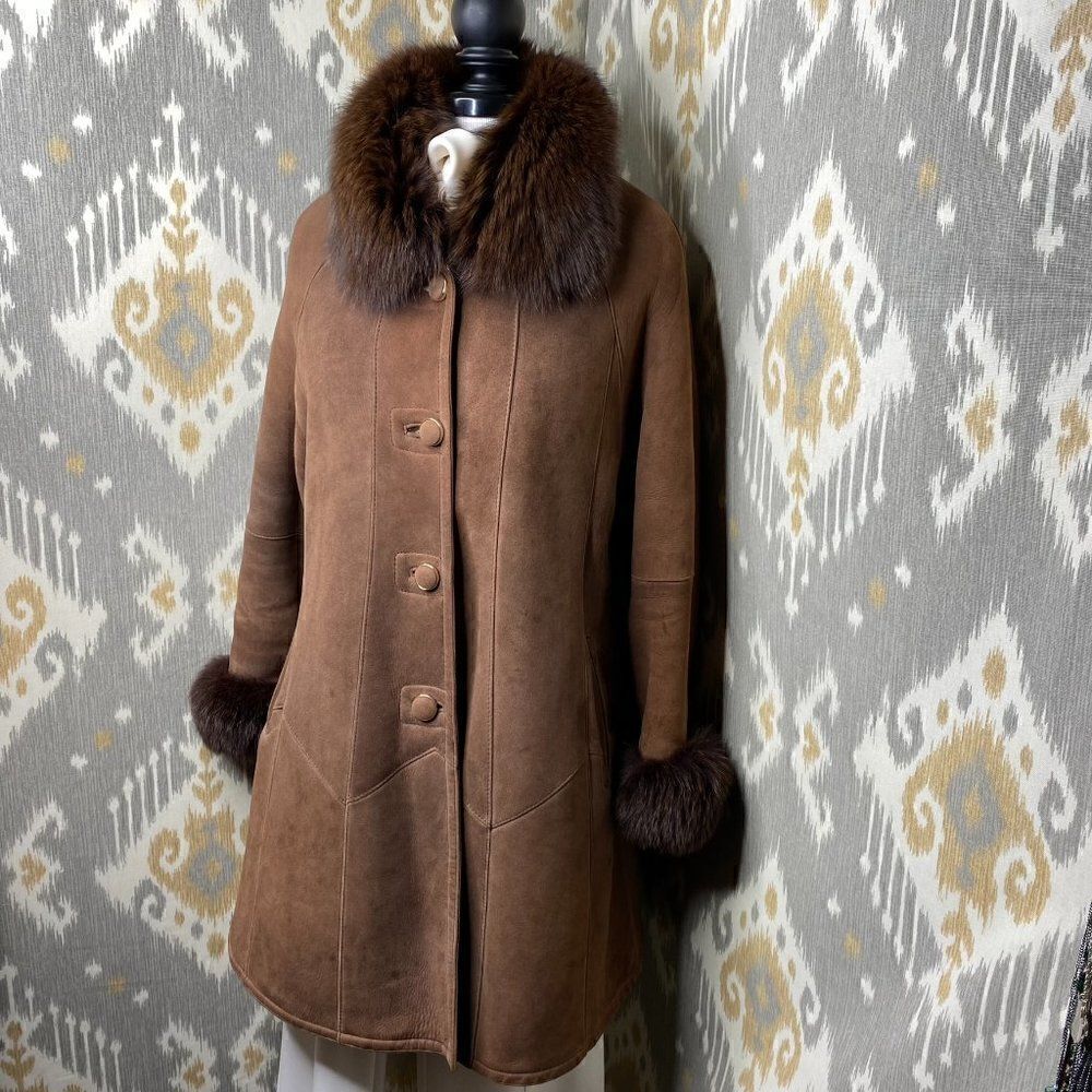 Ralph Lauren Vintage Chocolate Brown Fur Trimmed Lamb Shearling Swing Coat